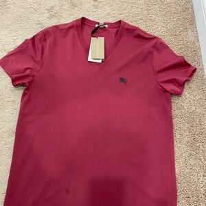 Men's Red V-Neck Shirt Burberry New with tag with flaws oil stain and tiny hole
